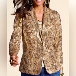 Chico’s Gold Layla metallic jacket. NWT size 3 faux snake skin pattern